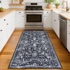 KILOCOCO Area Rug 3x5 Entryway Rug Washable Printed Vintage Floral Rubber Backed Non Slip Indoor Kitchen Rugs for Living Room Laundry Room Playroom Mudroom Moroccan Area Rugs, Black/Navy/White