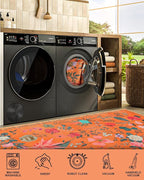 Boho Washable Area Rug 4x6 – Floral Low Pile Non-Slip Carpet for Living Room, Bedroom, Office, Playroom, Entryway, Kitchen, Dining Room (Orange)