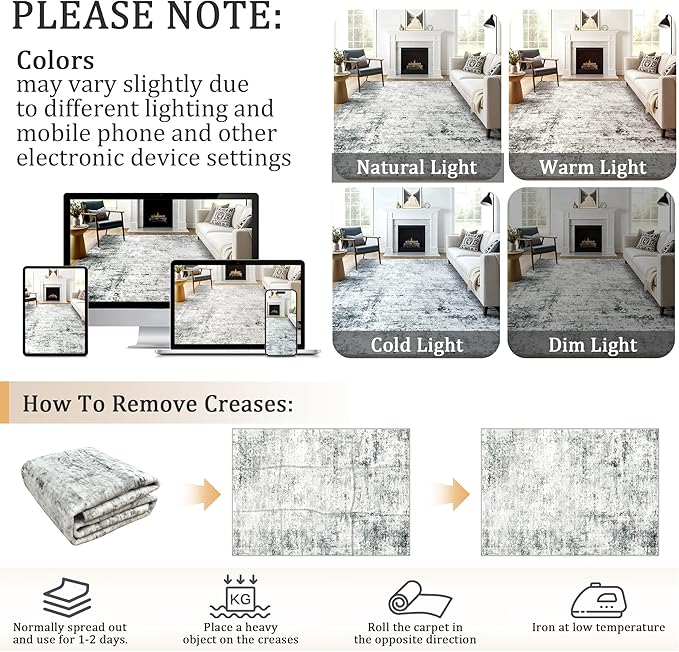 6x9 Machine Washable Area Rug for Living Room, Grey Modern Vintage Abstract Rug Large Non-Slip Low Pile Soft Faux Wool Carpet, Kids and Pets Friendly for Bedroom Dining Room Farmhouse Home Decor Rug