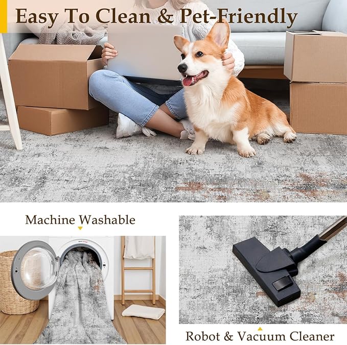 6x9 Washable Area Rug Grey Rust Abstract Living Room Bedroom Carpet Neutral Modern Non-Slip Soft Low Pile Lightweight Vacuumable Throw Rug for Dining Room Kitchen