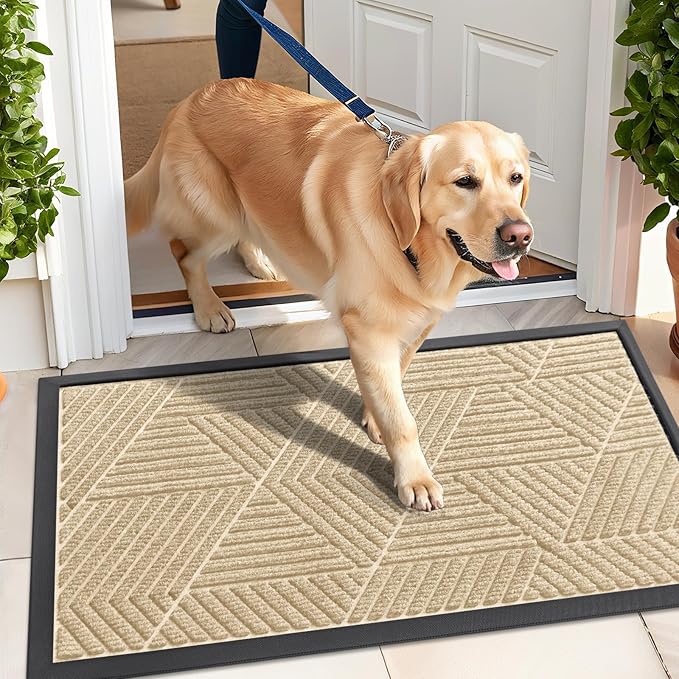 Kitinjoy Front Door Mat Outside Entrance, Sturdy Natural Dirt Trapper, Heavy Duty Rubber Doormat, Low Profile Non-Slip Backing, Easy Clean Floor Mat for Indoor Outdoor Entry, 35X23 Inch, Beige