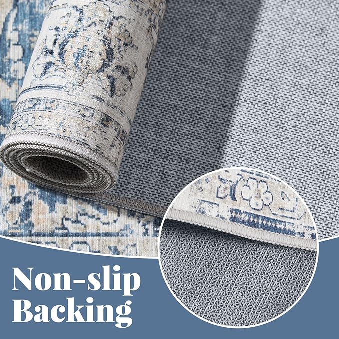jinchan Fiora Runner Rug 2x5 Machine Washable Hallway Rug Dark Blue Vintage Floral Print Non-Slip Low Pile Ultra-Thin for Kitchen, Entryway, Laundry Room, Bedroom, Farmhouse (2‘x5’, Dark Blue)