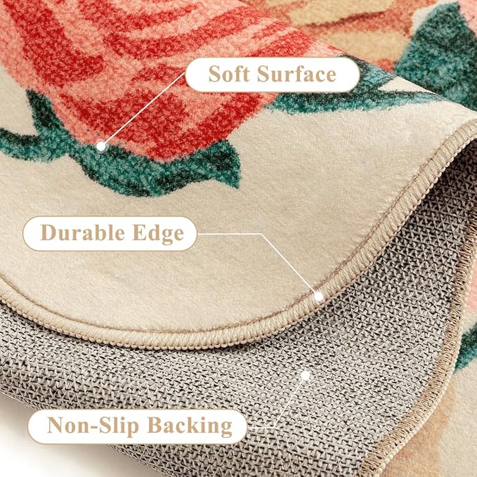 Washable Floral Runner Rug 2x6 Beige Hallway Carpet Scalloped Flower Non Slip Soft Long Kitchen Runner Farmhouse Low Pile Thin Indoor Floor Cover for Bathroom Bedroom Laundry Room Entryway