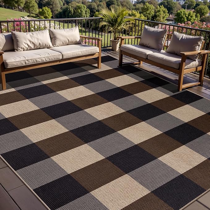 Tangsoo Checkered Easy Jute Rug 5x7 Large Washable Area Rug for Dining Room,Non-Slip Black Brown Indoor Outdoor Rug,Modern Thin Mat Outdoor Carpet for Living Room Bedroom Patio