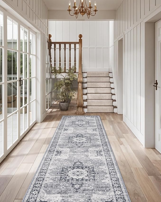 LUMI Runner Rug 3x10, Washable Non-Slip Hallway Throw Rugs, Long Soft Thin Vintage Oriental Kitchen Mats, Low-Pile Indoor Kitchen Entryway Area Rug, Dusty Blue