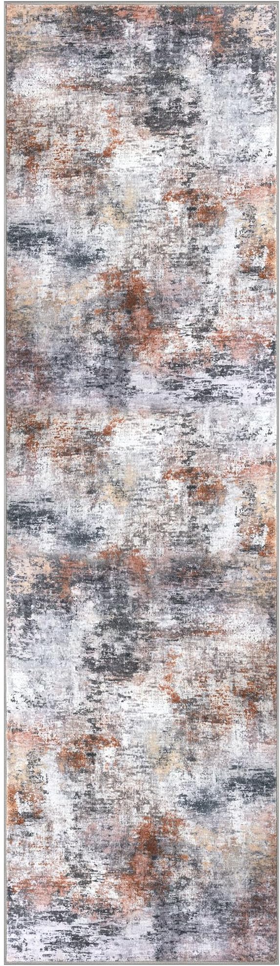Modern Abstract Runner Rug for Bedroom 2x7, Grey Orange Multi Washable Kitchen Runner, Non-Slip Soft Thin Faux Wool Mat for Entryway, Hallway, Laundry Room Indoor