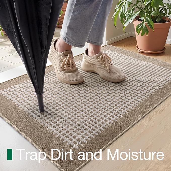LUMI Inside Door Mat for Entry 24''x36'', Absorbent, Dirt Trapper, Low Profile Thin, Non Slip Mats with Rubber Backing, Ideal for Indoor, High Traffic, Garage, Entrance, Checkered Beige