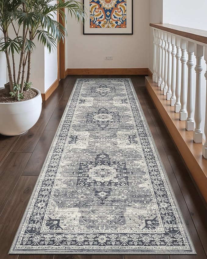 DEXI Hallway Runner Rug 3x8, Distressed Non Slip Runners Carpet, Boho Vintage Soft Thin Indoor Rug, Stain Resistant Washable Entry Mat for Entryway Kitchen Laundry Room Living Room, Blue Grey