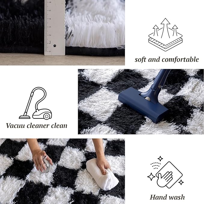 6x9 Area Rugs for Living Room Bedroom, Soft Fluffy Shaggy Bedside Rug, Indoor Floor Carpet for Kids Playroom, Dorms, Nursery Rooms, Home Decor (Black & White 6'x9')