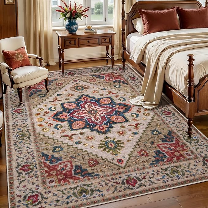 Tangsoo 3x5 Washable Rug, Vintage Rugs Indoor Area Rugs, Boho Non Slip Accent Rug Carpet, Soft Low Pile Rugs for Living Room Dorm Bedroom Bedside Entryway Bathroom Home Decor Beige