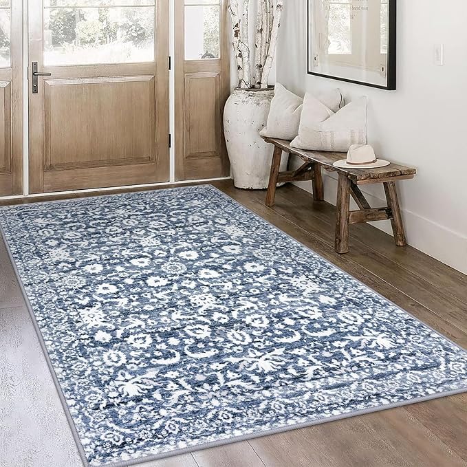 Vintage 4x6 Living Room Washable Rug, Light Blue White Non-Slip Soft Bedroom Area Rug Thin Printed Faux Wool Floor Super Soft Carpet Throw Rugs for Nursery Playroom Dining Room Office