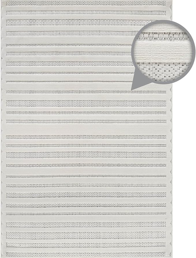 CAMILSON Modern Rug 8x10 Luxury Striped Line Micro Loop Area Rugs Soft High-Low Pile Stain Resistant Easy to Clean Non-Shedding Durable Living Room Kitchen Indoor Carpet (White)