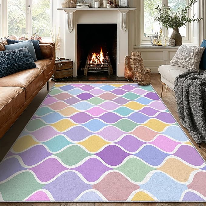 Washable 3x5 Abstract Wave Rug Living Room, Modern Geometric Colorful Design Area Rugs for Bedroom, Abstract Wave Home Decor Carpet, Low Pile, Non Slip, Kids & Pet Friendly (N4162)