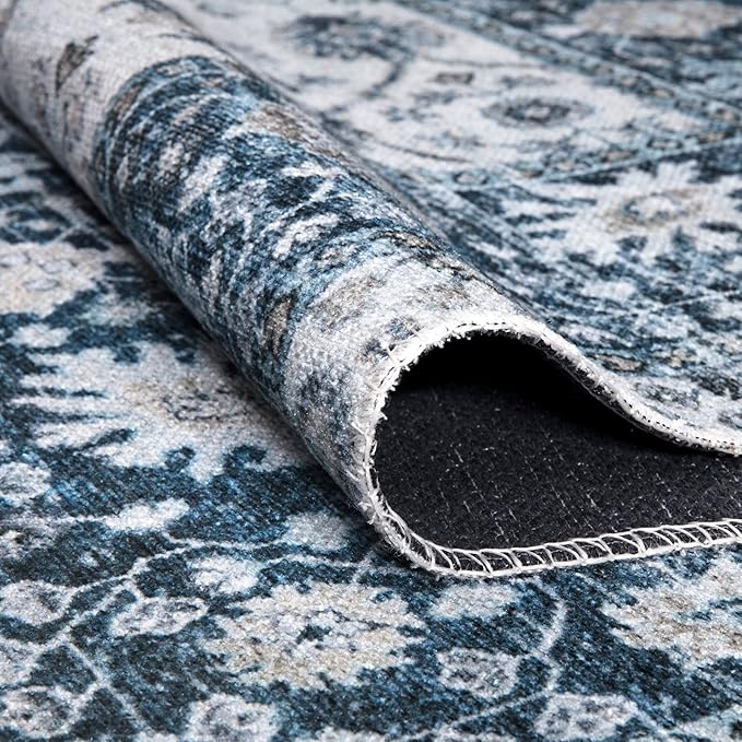 Bloom Rugs Caria Washable Non-Slip 8x10 Rug - Navy Blue Traditional Bordered Area Rug for Living Room, Bedroom, Dining Room, and Kitchen - Exact Size: 7'8" x 10'