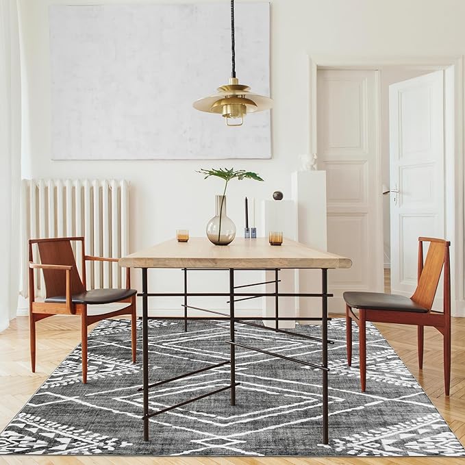 ReaLife Rugs Machine Washable Area Rug - Living Room Bedroom Bathroom Kitchen Entryway Office - Padded Low Pile Stain Resistant Premium - Moroccan Diamond Tribal - Jax - Gray 7'6" x 9'6"