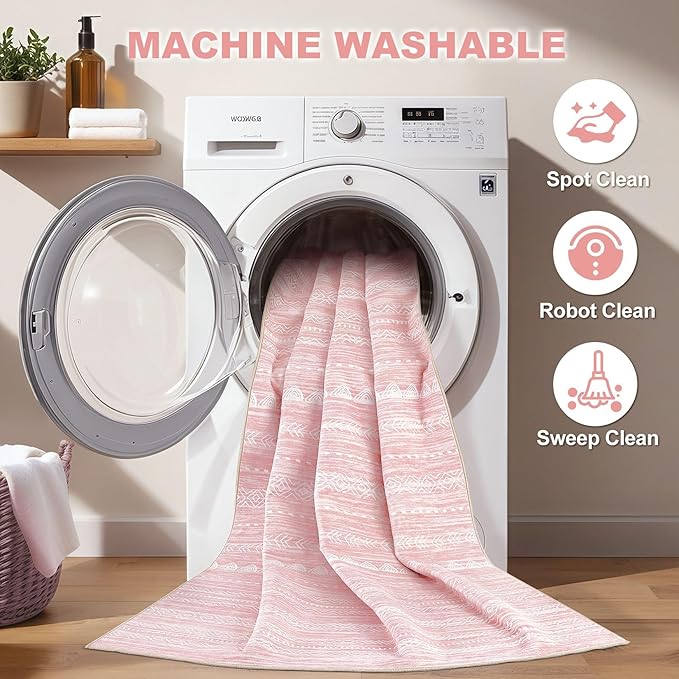 Nakagishi Round Rug Kitchen Washable Rugs: 4x4 Non-Slip Boho Soft Modern Stain Resistant Indoor Floor Neutral Farmhouse Throw Carpet for Hallway Bathroom Laundry Room Entryway Bedroom- Pink