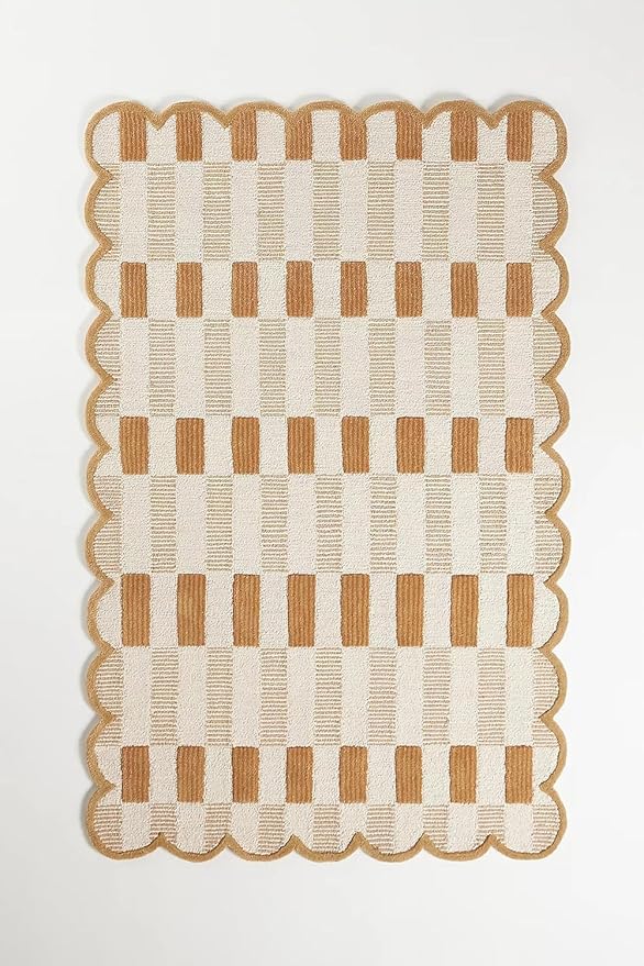 Hand-Tufted Wool Rug with Scalloped Edges, Light Blue Plaid Pattern, Cozy Soft Area Rug for Living Room, Bedroom, and Nursery, Handmade Modern Accent Rug (Neutral, 6X9 FEET)