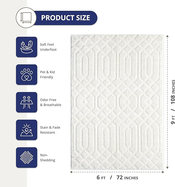 Abani Cozy Cream Area Rug for Living Room, Bedroom - Geometric Diamond Pattern - 6' x 9' - Durable & Easy to Clean
