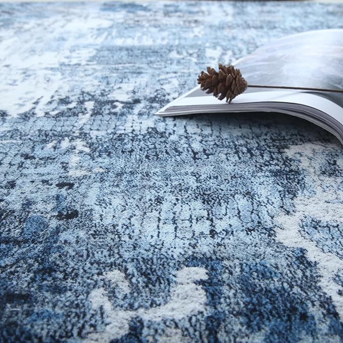 Rugcomf 6x9 Washable Bedroom Boho Rug - Soft, Non-Slip, Non-Shedding Faux Wool Vintage Pattern for Living Room, Farmhouse, Dining Room, Kids Playroom - Blue