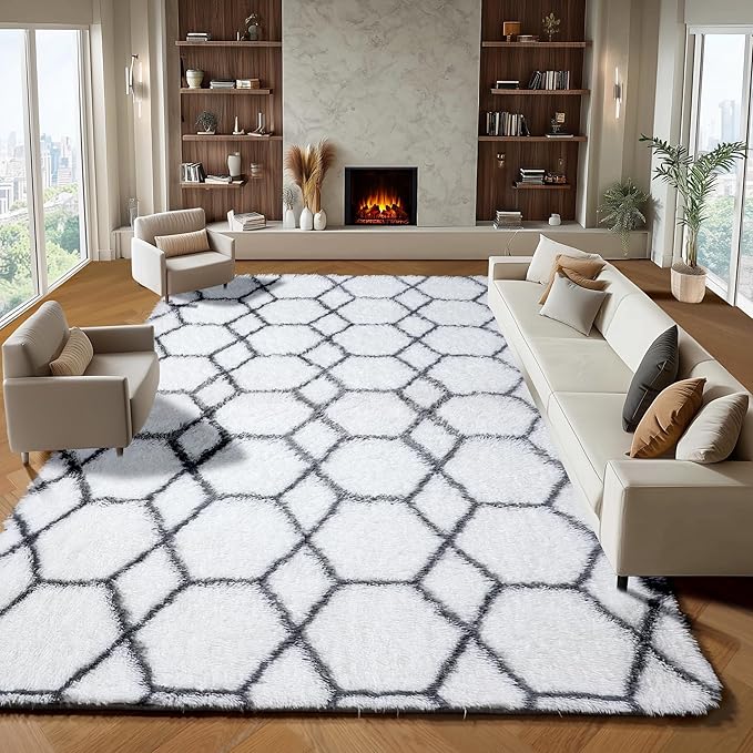 ONASAR 8x10 Area Rugs for Living Room, Washable Fluffy White and Grey Rug for Bedroom, Geometric Moroccan Indoor Shaggy Boho Soft Plush Floor Carpet for Kids Teen Nursery Dorm Home Decor Aesthetic