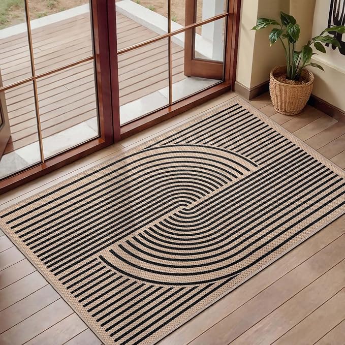 Tangsoo Rainbow Easy Jute Rug,2x3 Washable Small Area Outdoor Rug for Entryway Non-Slip Thin Black Throw Mat Modern Farmhouse Indoor Carpet for Entrance Kitchen Entry Front Porch