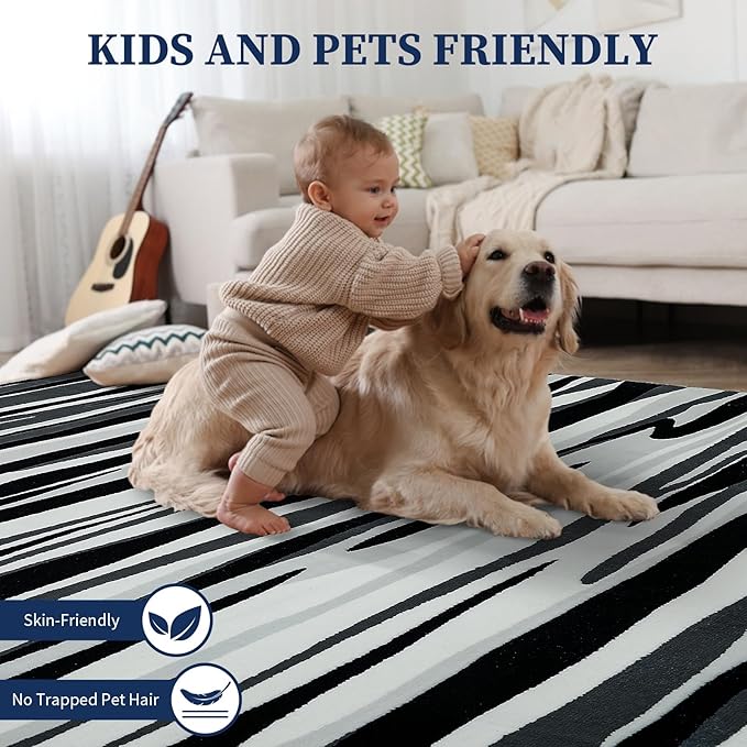 YIHOUSE 6×9 Ft Area Rugs for Living Room: Modern Abstract Black Grey and White Rug - Nonslip Washable Striped Rug for Bedroom Dining Room Office Playroom Nursery Home Decor