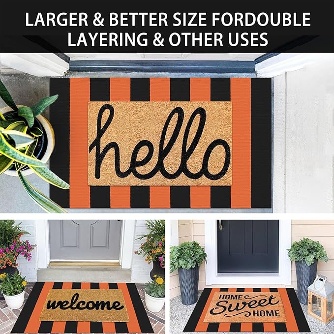 KOZYFLY Striped Rug 27.5x43 Inches Orange and Black Halloween Fall Front Door Rug Hand Woven Area Rugs Washable Outdoor Doormats Indoor Entrance Mat for Front Porch Kitchen Entryway Patio Holiday