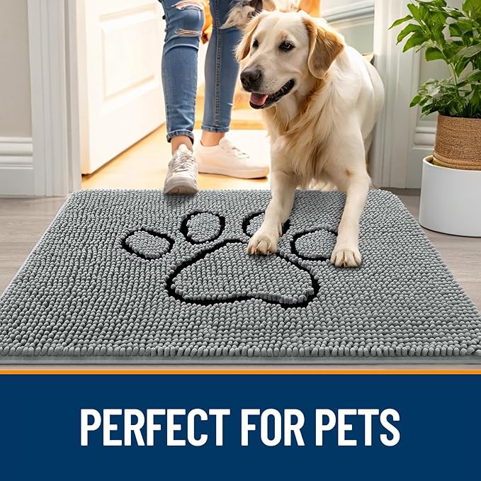 OLANLY Dog Door Mat for Muddy Paws 24x16, Paw Print Design, Absorbs Moisture and Dirt, Absorbent Non-Slip Washable Doormat, Quick Dry Chenille Mud Mat for Dogs, Entry Indoor Entryway Carpet, Grey