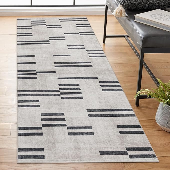 ReaLife Rugs Machine Washable Area Rug Runner - Living Room Bedroom Bathroom Kitchen Entryway Office -Non-Slip Baking Low Pile Stain Resistant Premium - Modern Geometric - Loki-Beige & Black 2'6" x 8'