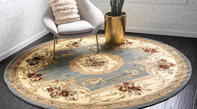 Rugs.com Chateau Collection Rug – 8 Ft Round Light Blue Medium Rug Perfect for Kitchens, Dining Rooms