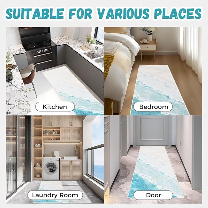 Beach Pattern 2x6ft Runner Rug Non Slip Washable Kitchen Runner Rug with Rubber Backing，Low-Pile Soft Washable Runner Rugs for Hallway Entryway Kitchen Bedroom Living Room Bathroom