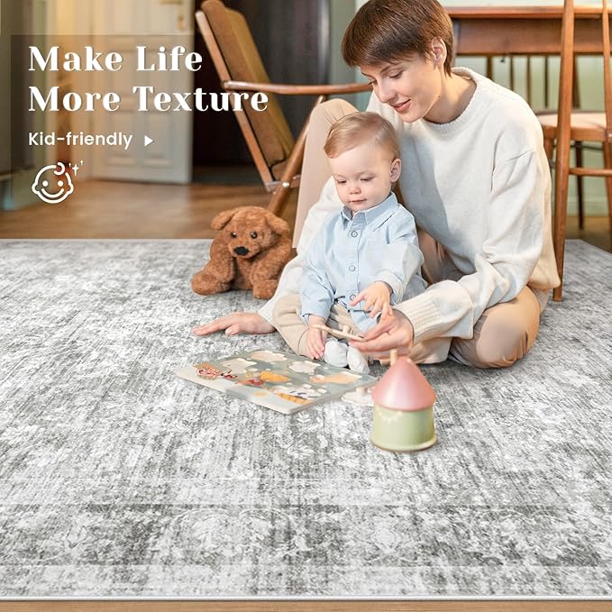 5x7 Area Rugs for Living Room: Washable Vintage Floral Rug Low Pile Non-Slip Boho Carpet for Bedroom Nursery Dining Room (Grey, 5'x7')