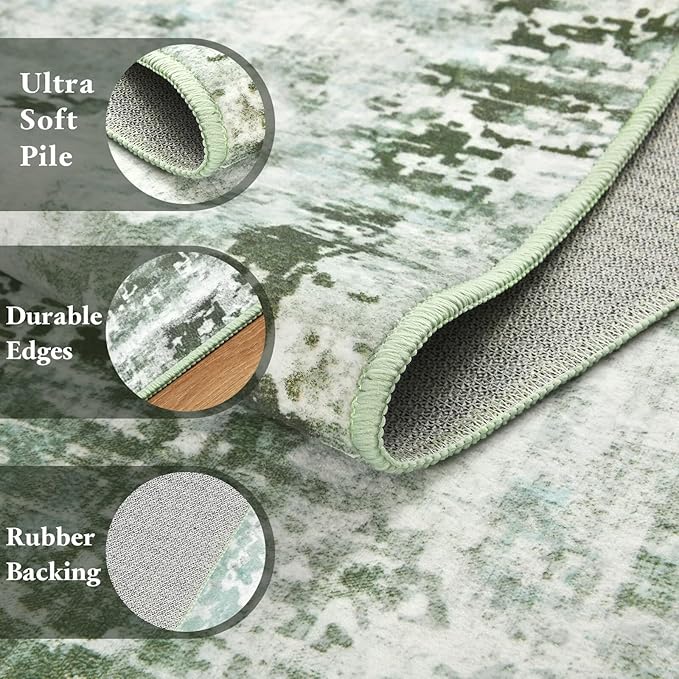 Washable Abstract Rug, 5x7 Modern Area Rugs with Non-Slip Rubber Backed for Living Room, Thin but Soft Contemporary Carpet Kitchen Bedroom Dining Room Decor, Green