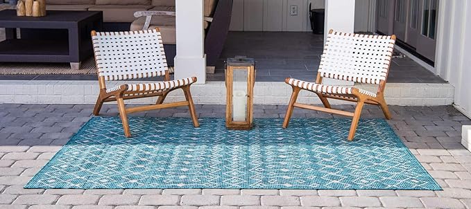 Unique Loom Outdoor Trellis Collection Area Rug - Tribal Trellis (9' x 12' Rectangle, Teal/ Ivory)