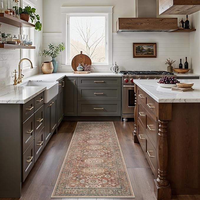 Bavni Washable Runner Rug 2x7, Non Slip Long Hallway Rug, Vintage Print Low Pile Ultra Thin Washable Carpet for Kitchen Bedroom, Brick
