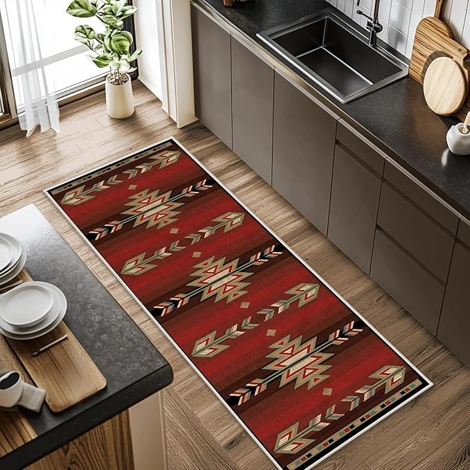 Red Arrow Runner Rug, 2x10ft Retro Geometric Hallway Runner Rug - Corridor & Busy Home Foyer Rugs, Washable Flannel Non-Slip Mat, Southwestern Tribe Decor Carpet for High-Traffic Areas