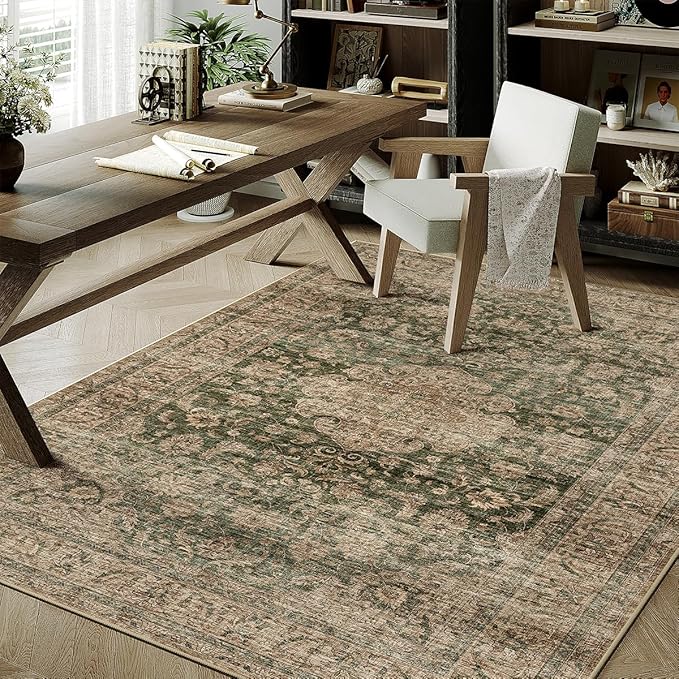3x5 Washable Vintage Area Rug Green Brown Entryway Office Carpet Non-Slip Soft Low Pile Distressed Throw Rug for Entrance Living Room Bathroom Dining Room