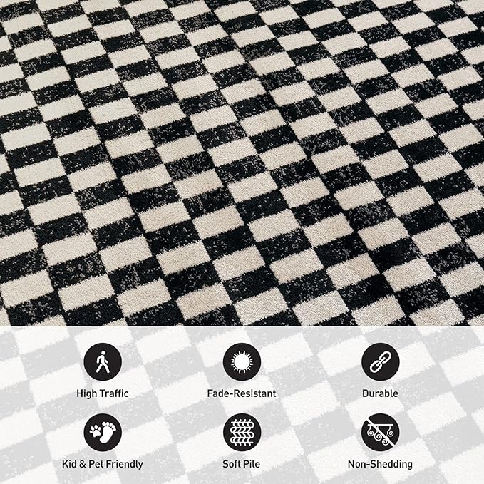 Rugshop Black and White Checkered Area Rug – High-Contrast Grid Pattern Carpet for Living Room, Bedroom, or Dorm – Trendy Contemporary Soft Floor Décor 5' x 7' Black