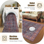Washable Area Rug 3' x 5 ' Vintage Traditional Persian Mat - Foldable Distressed Non-Slip Machine Washable Carpet for Living Room Bedroom Kitchen Home Decor - Indigo and Crimson