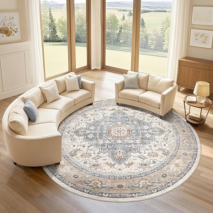 Round Rug Living Room Rugs: 7x7 Washable Boho Neutral Large Circle Soft Indoor Distressed Stain Resistant Floor Farmhouse Carpet for Bedroom Nursery Kids Playroom Office Dining Room Dorm- Beige Blue