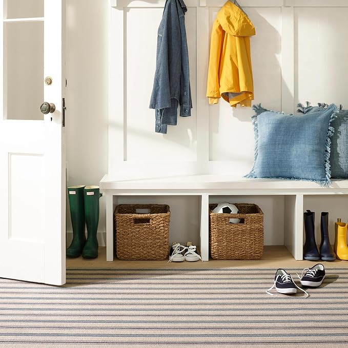 Dash & Albert Nimes Ticking Neutral Machine Washable Rug, 7.5 X 9.5 Feet, Blue Stripe Pattern