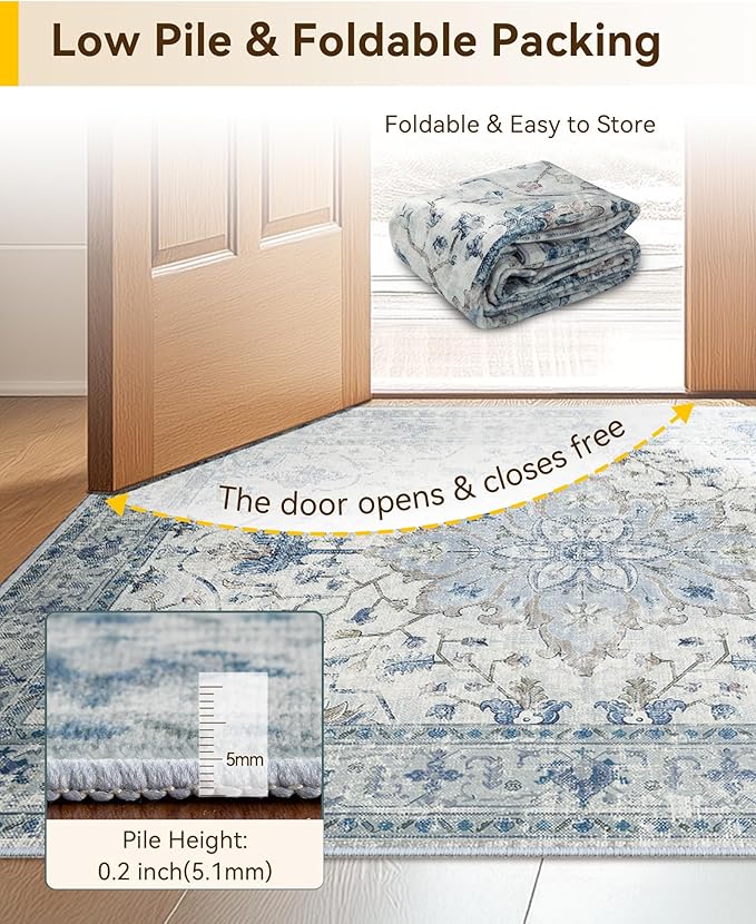 Area Rugs 3'x7' Washable Non-Slip, Floral Vintage Distress Print Pattern Medallion Carpet for Living Room Bedroom Dining Room, Light Blue Navy Beige Gray White