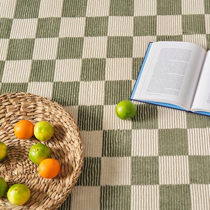 Revival Rugs Gambit 3'11"x6'1" Checkered Rug Machine Washable Area Rug for Kitchen Bedroom - 100% Recycled Oeko-TEX Certified, Medium Pile, Green, Beige