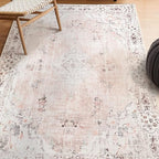 MUJOO Boho Area Rug 3'x5' Machine Washable, Pink Small Non Slip Area Rugs for Entryway Bedroom Bedside Kitchen Hallway Living Room Laundry Room Indoor Mat Soft Low-Pile Floral.