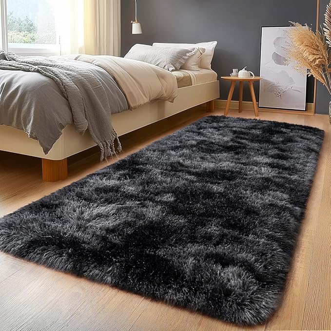 Shaggy Soft Fluffy Rug Plush Rugs Non-Slip Indoor Floor Carpet for Living Room Anti-Skid Indoor Carpet Tie-Dyed Black Grey 2x6Feet