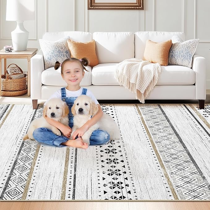 BESTSWEETIE 9x12 Area Rugs for Living Room Washable Moroccan Farmhouse Neutral Geometric Low Pile Non-Slip Soft Print Pattern Rug for Bedroom Kitchen Dining Room Entryway Black/Brown