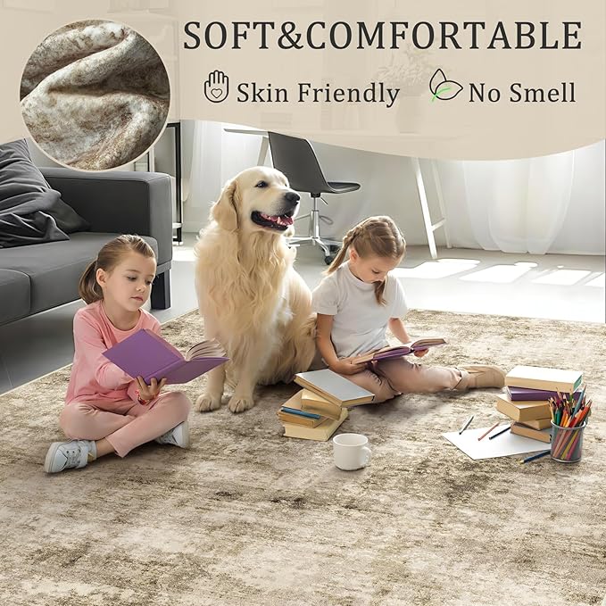3x5 Machine Washable Area Rug for Entryway, Brown Modern Vintage Abstract Rug Non-Slip Low Pile Soft Faux Wool Small Carpet, Kids and Pets Friendly for Bedroom Kitchen Hallway Home Decor Rug