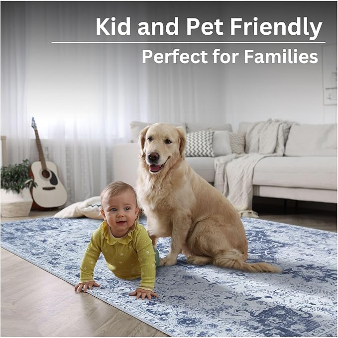 Bloom Rugs Washable Non-Slip 9' x 12' Rug - Gray/Blue Traditional Medallion Area Rug for Living Room, Bedroom, Dining Room, and Kitchen - Exact Size: 9' x 12'