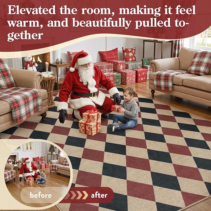 Lahome Checkered Rugs for Living Room, 8x10 Indoor Outdoor Rug Dining Room Office Carpet, Checkerboard Black and Red Washable Non Slip Floor Carpet for Patio Classroom Backyard