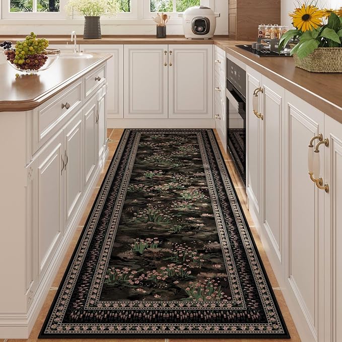 Rugcomf 2x6 Runner Rug Impressionist-Style Vintage Kitchen Rugs Non Slip Washable Soft Carpet Runner for Kitchen Laundry Bedroom Bathroom, Black